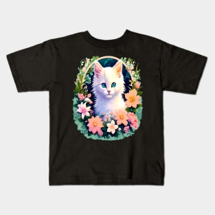 Beautiful White Kitten Surrounded by Spring Flowers Kids T-Shirt